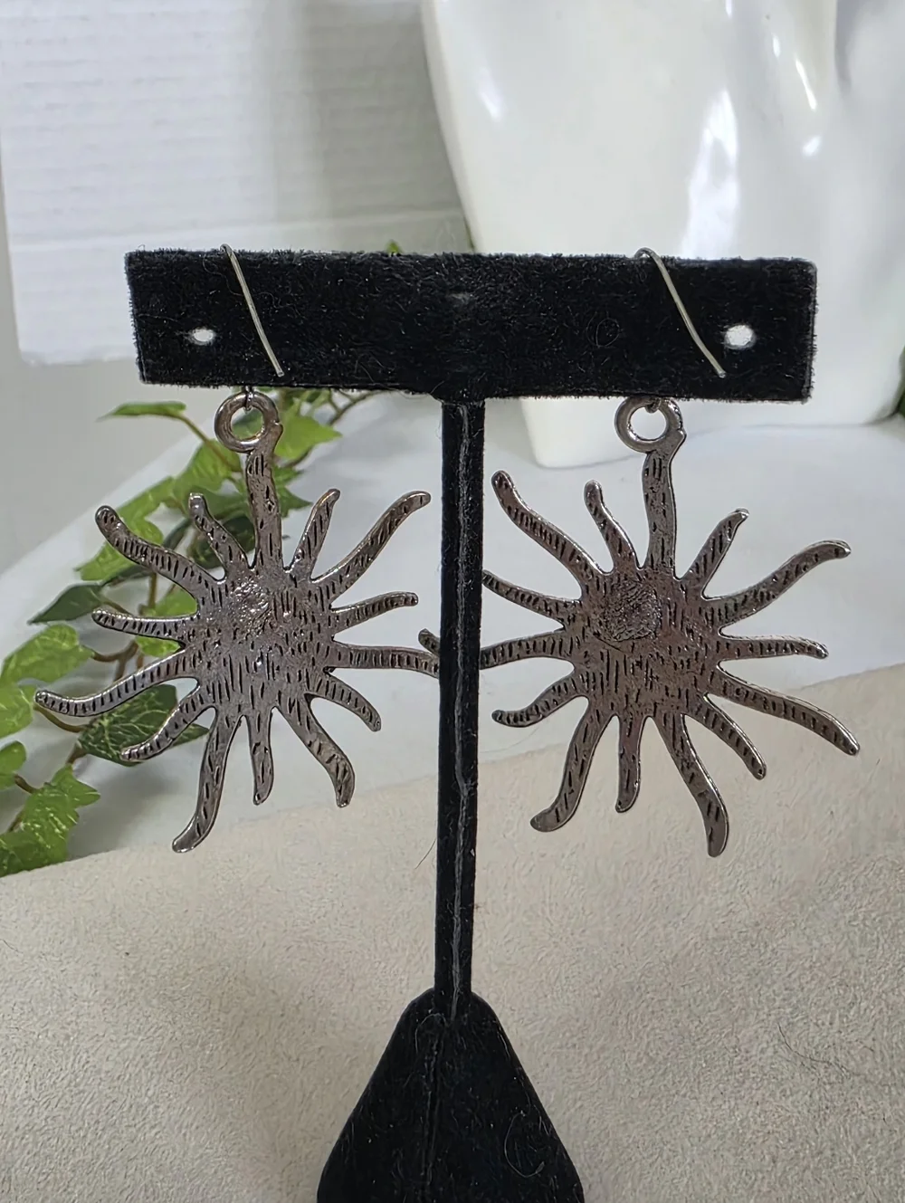 Boho Southwestern Silver Sunburst Dangle Earrings with Turquoise Style Stone